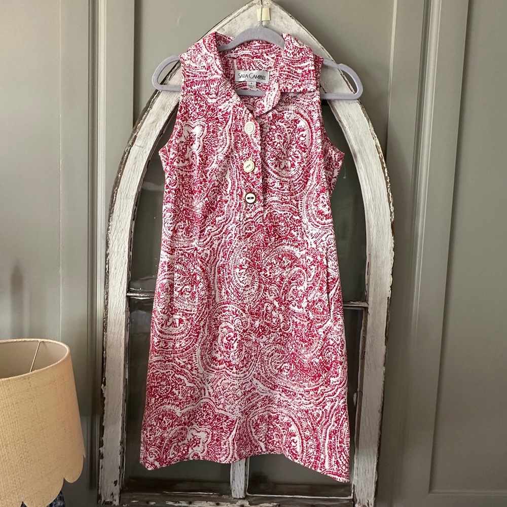 Sara Campbell Red and White Sleeveless Buttoned Collar Sundress Size Small